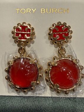 Tory Burch | Red/Orange Gold Plated Drop Logo Earrings